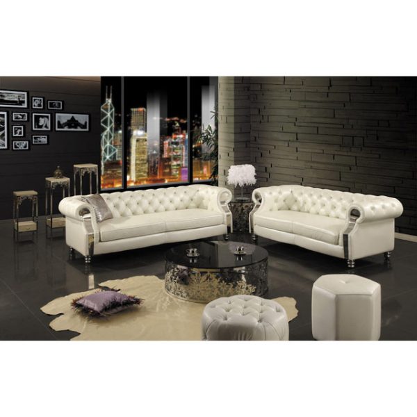 White And Silver Real Leather Sofa Set, White Genuine Leather Sofa Set